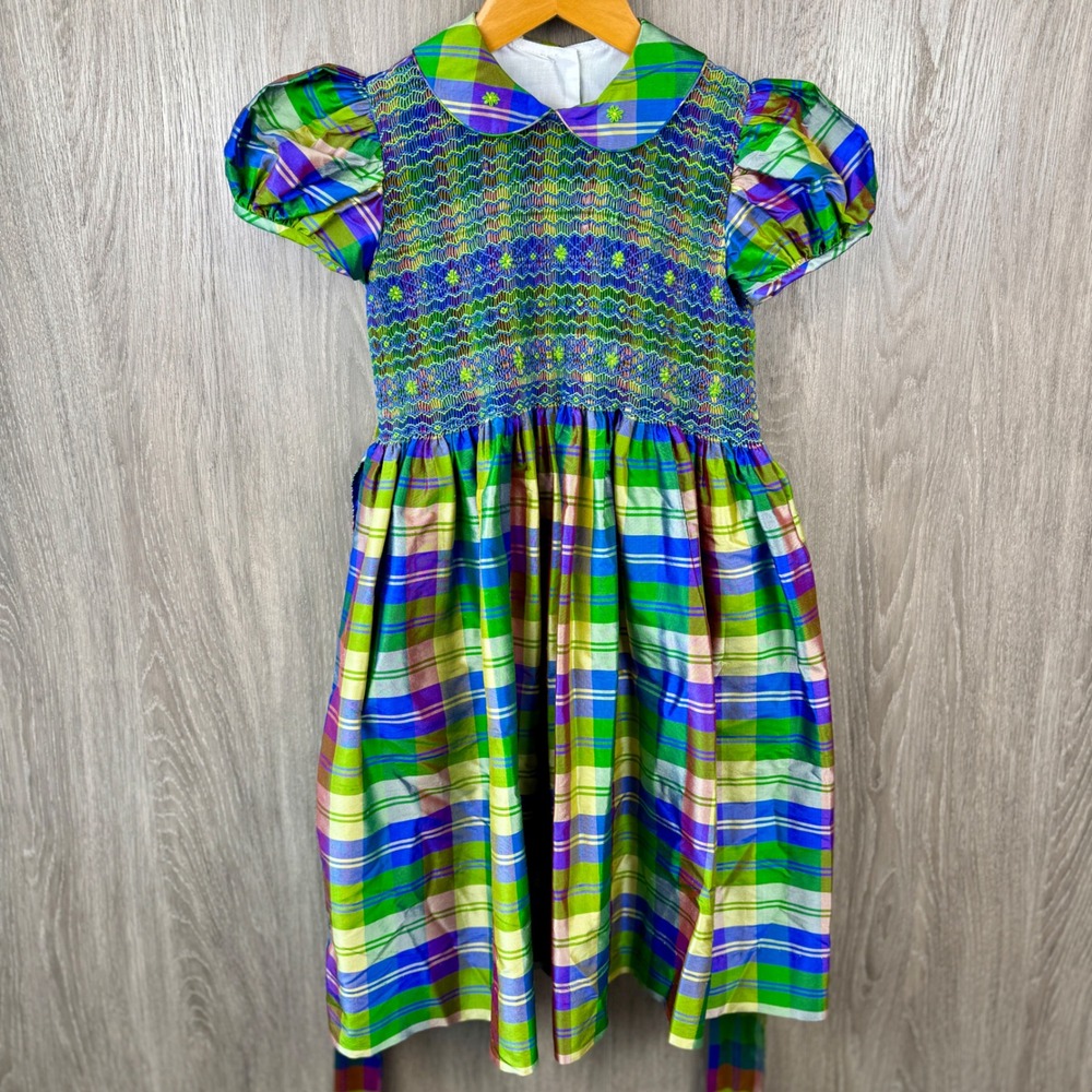 Anavini Hand Smocked Dress Girls 6 Green Plaid Silk Southern Preppy Holiday